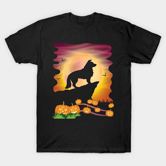 Boder Collie Dog On Mountain & Moon Pumpkins Bat Halloween T-Shirt by Cowan79